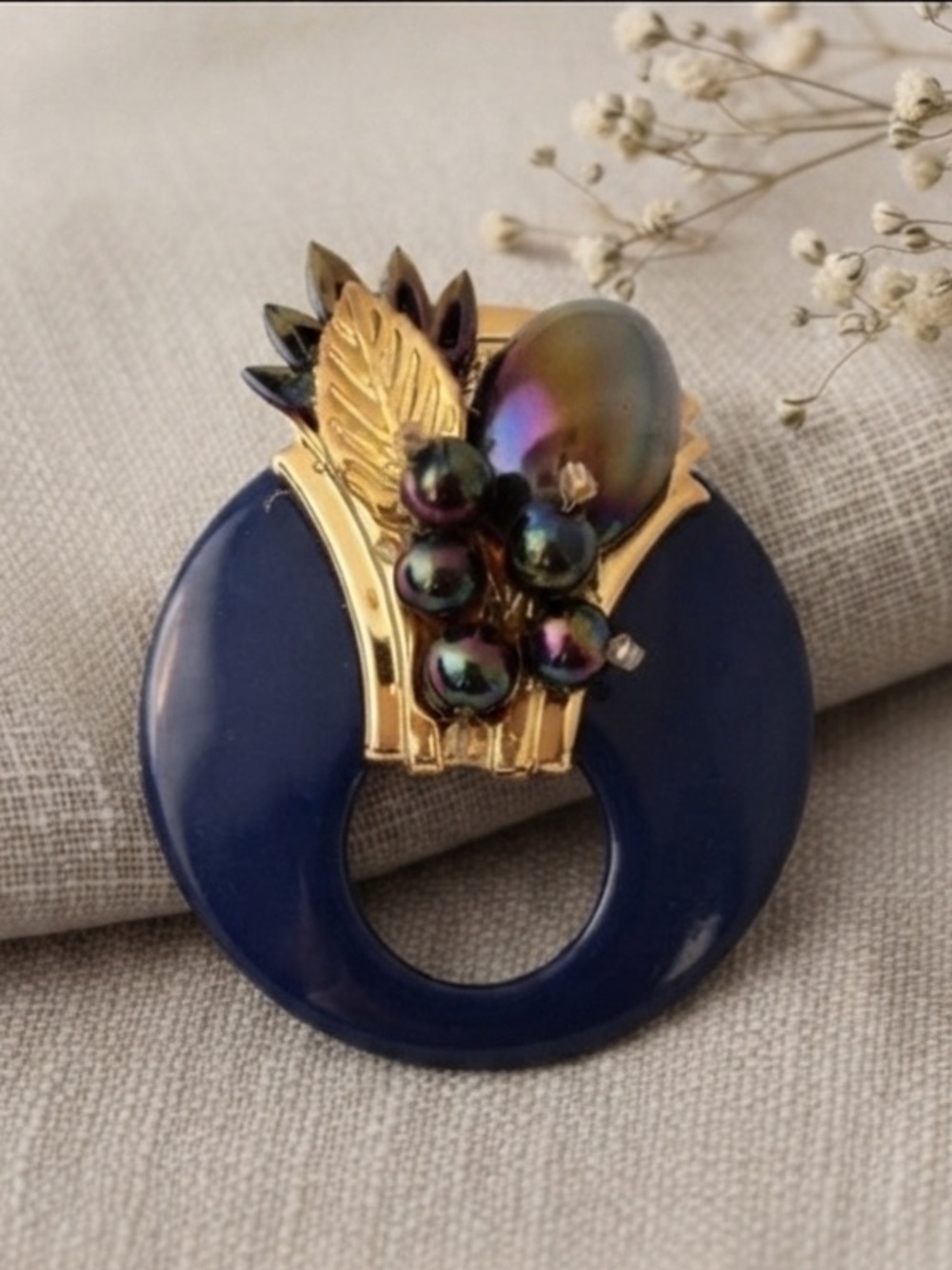 Vintage Royal Blue & Iridescent Cabochon Statement Brooch